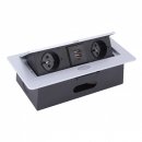 Combi box retractable built-in socket outlet with hinged cover aluminium 3m supply cable 2x Schuko + 2xUSB