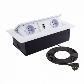 Design Light Recessed socket outlet combi-box 3m supply cable with hinged cover 2xUSB + 2xSchuko white